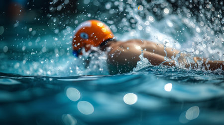 A swimmer cutting through water in a pool, creating ripples, in mid-strokeの素材