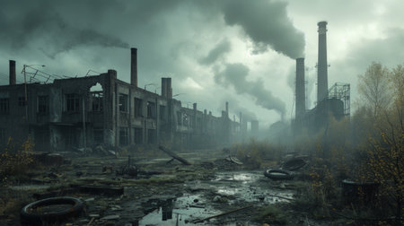 A scene of a ruined factory with smoke emanating from the chimneys, reminiscent of a post-apocalyptic worldの素材