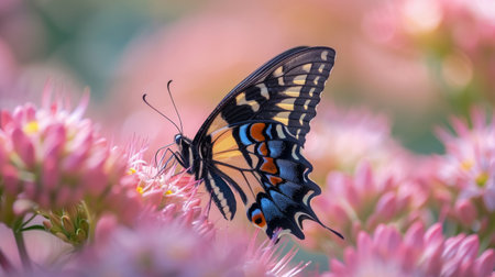 a swallowtail butterfly, large and colorful, is perched delicately on a pale pink flowerの素材
