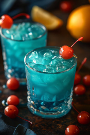 Blue Lagoon: A vibrant mix of vodka, blue curaÃÂ§ao, and lemonade, garnished with a cherryの素材