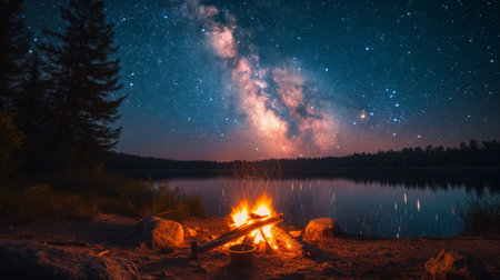 Campfire stories under a starry sky, faces illuminated by the warm glow of crackling flames.の素材