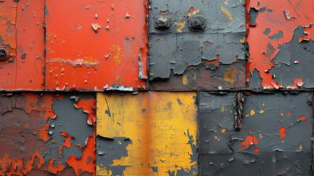 An abstract representation of urban decay, featuring rusty metal, chipped paint, and fragmented surfacesの素材
