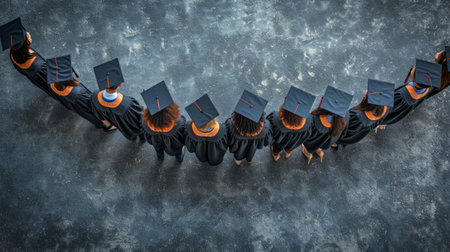 Graduates linking arms, forming a human chain symbolizing unity and achievementの素材