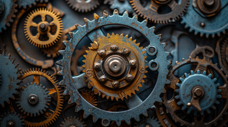 Gears, cogs, and mechanical parts interlocking, symbolizing the synergy of industrial machinery.の素材
