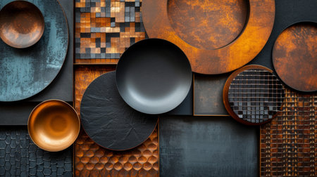 Geometric shapes and metallic textures converge in a harmonious fusion of technology and artistryの素材