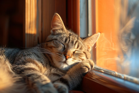 Furry gray tabby cat nestled in a cozy window nook, bathed in warm sunlightの素材