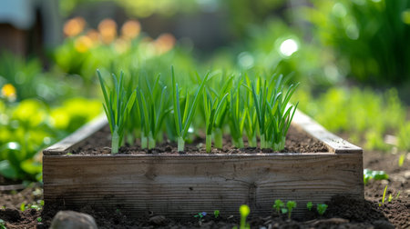 Green onions grow in a wooden bed. Blurred background of summer garden from behindの素材