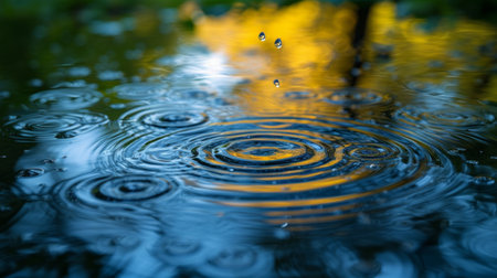 Raindrop ripples in puddles, reflecting the azure sky, heralding a refreshing spring showerの素材