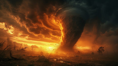 Tornado Twister: A colossal tornado swirls menacingly, churning the landscape with its destructive force.の素材