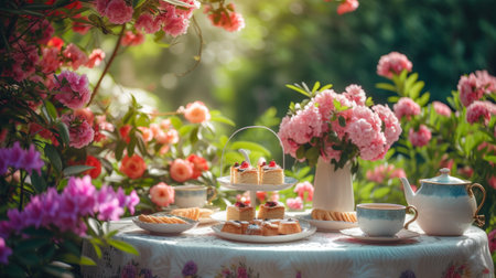 A charming garden party with tea and cakes, surrounded by blooming flowers in full spring bloomの素材