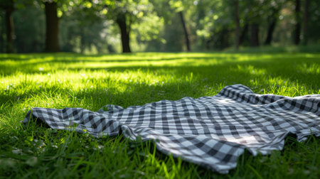 A checkered picnic blanket laid out on lush green grass, evoking a classic American picnic sceneの素材