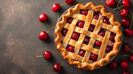 A classic cherry pie with a lattice crust, showcasing vibrant, juicy cherriesの素材