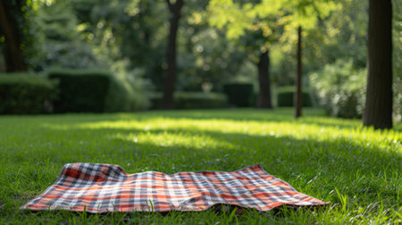 A checkered picnic blanket laid out on lush green grass, evoking a classic American picnic sceneの素材