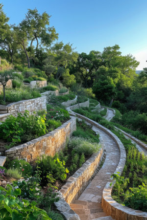 A terraced garden on a hillside, featuring winding paths and retaining walls adorned with floraの素材