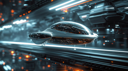 A futuristic vehicle hovering over a luminous grid, epitomizing the transportation of tomorrowの素材