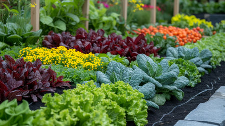 A themed vegetable garden, with vegetables arranged in patterns or colors for visual appeal.の素材
