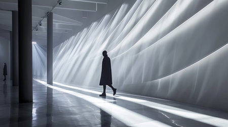 A sleek, monochromatic runway featuring minimalistic silhouettes and stark lightingの素材