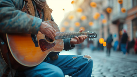 A street musician playing a soulful melody, connecting with passersby through the magic of musicの素材