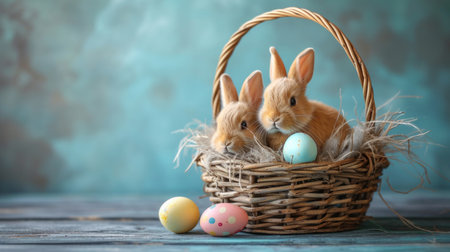 An Easter basket filled with colorful eggs and fluffy bunnies, a delightful springtime tableauの素材