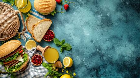 An abstract collage of picnic items with baskets, sandwiches, and refreshing lemonade, capturing summertime blissの素材