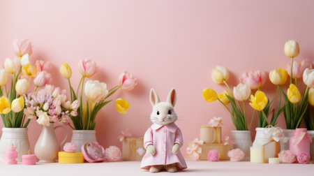 A chic Easter podium framed by colorful balloons and a backdrop of playful Easter chicksの素材