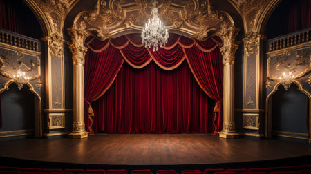 A vacant theater stage surrounded by ornate gold curtains and a majestic red velvet backdropの素材