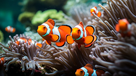 A kaleidoscope of clownfish darting among the swaying anemone, forming a picturesque symbiosisの素材