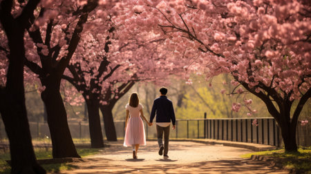 A couple strolling hand in hand through a blooming park, radiating love and happinessの素材