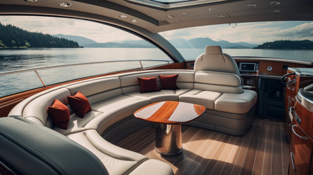 A minimalistic luxury yacht interior with polished wood and leather accentsの素材