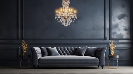 A minimalist luxury interior with plush velvet furniture and a shimmering crystal chandelierの素材