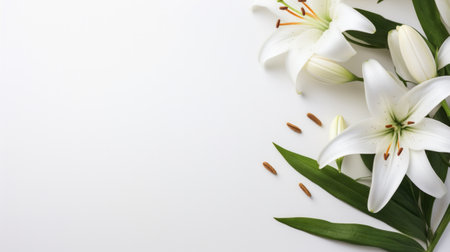 A minimalist Easter scene featuring a lone, graceful lily on a pristine white backdropの素材