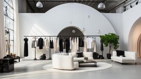 An exclusive fashion showroom with pristine white walls and avant-garde spring designsの素材