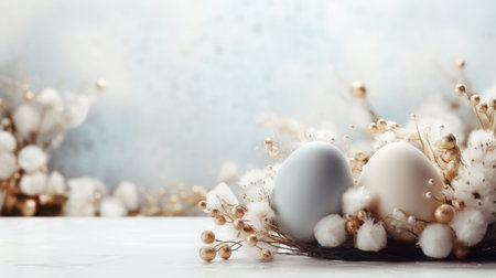 A tranquil Easter scene with a clean wooden frame and soft, muted pastel colorsの素材