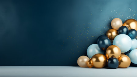 abstract minimalist background with blue and gold balloons frameの素材