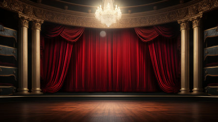 An upscale empty theater stage with dramatic, floor-to-ceiling red curtains and a classic backdropの素材