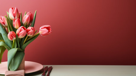 An elegant Easter table setting adorned with a solitary, artfully arranged tulip as the centerpieceの素材