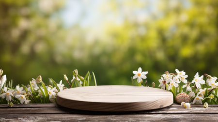 An unoccupied platform against a festive Easter background featuring a lush grassy meadowの素材