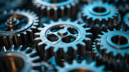 A close-up of gears and cogs, symbolizing the seamless machinery of innovation.の素材