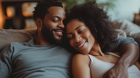 A couple cuddling on the couch, watching a heartwarming movie together.の素材