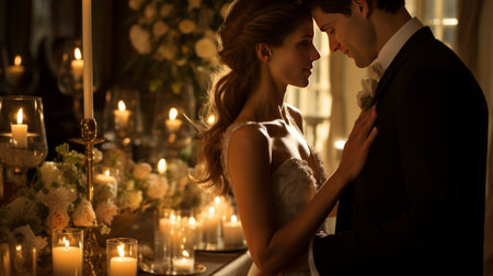 A stolen moment as the couple steals a kiss during their elegant, candlelit reception.の素材