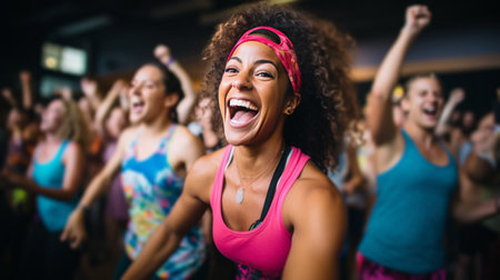 A group of people participating in a lively and energetic dance fitness class.の素材