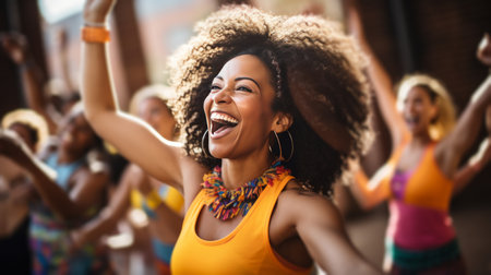 A group of people participating in a lively and energetic dance fitness class.の素材