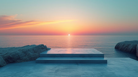 A simple, unadorned podium contrasting with a picturesque coastal sunset.の素材