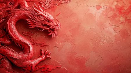 Beautiful red minimalistic background with Chinese red dragon on the left.の素材