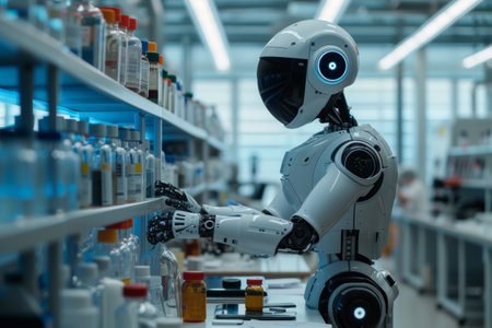 A robotic assistant aiding a scientist in a high-tech laboratory, advancing research and discovery.の素材
