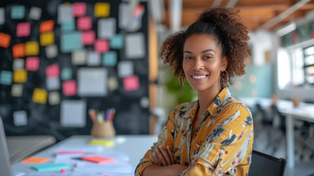 An innovative entrepreneur leading a brainstorming session in a collaborative workspace.の素材