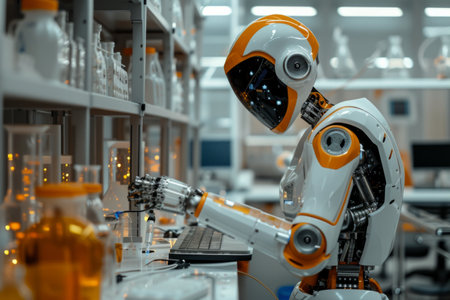 A robotic assistant aiding a scientist in a high-tech laboratory, advancing research and discovery.の素材