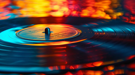 An abstract record spinning in a sea of vibrant colors, producing audible art.の素材