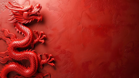 Beautiful red minimalistic background with Chinese red dragon on the left.の素材
