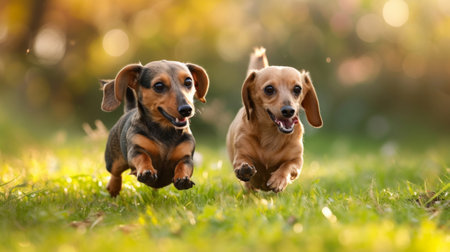 Two playful Dachshunds wrestling in lush grass, their tails wagging furiously.の素材